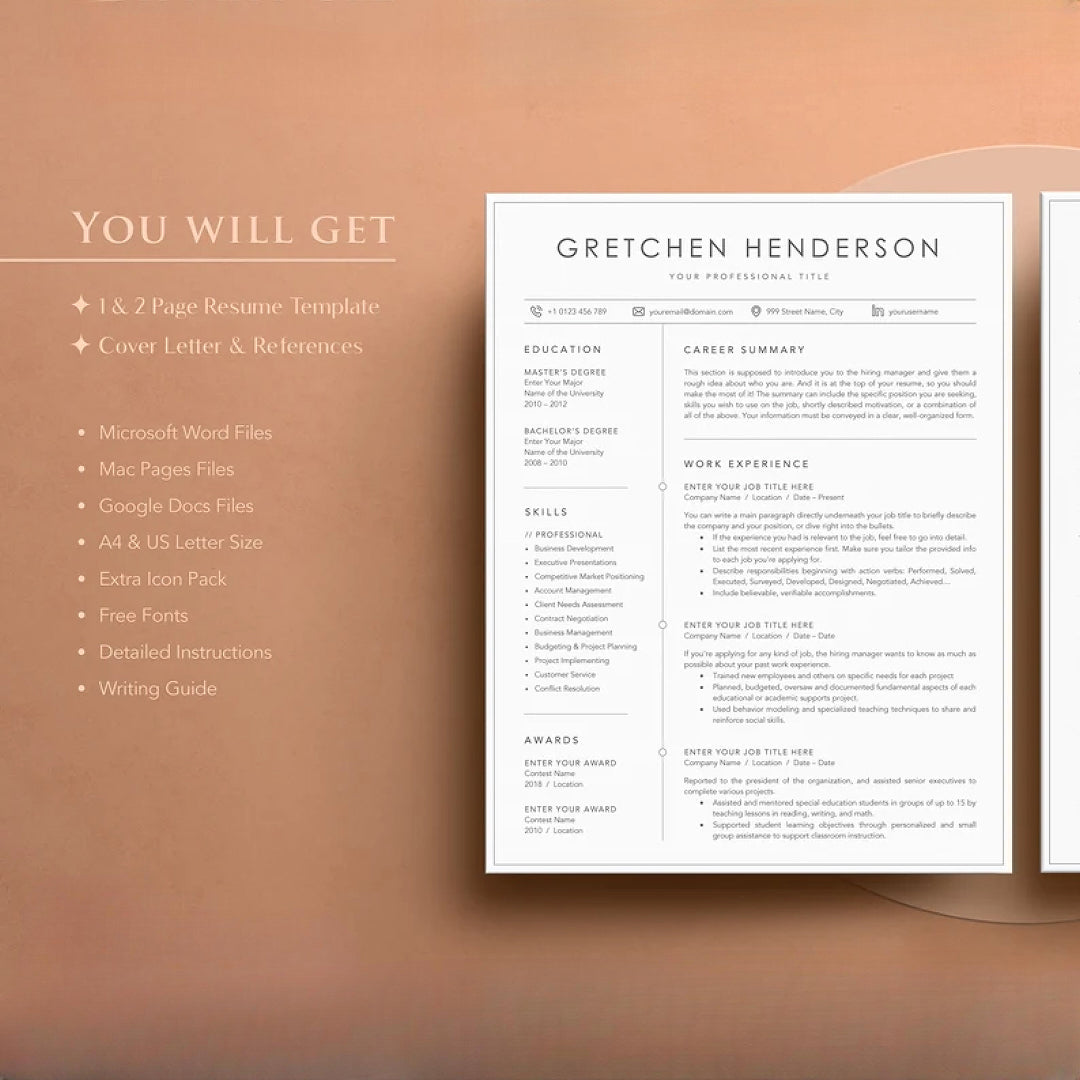 Professional Resume Template for MS Word, Mac Pages, Google Docs, Modern Resume/CV Template, Instant Download