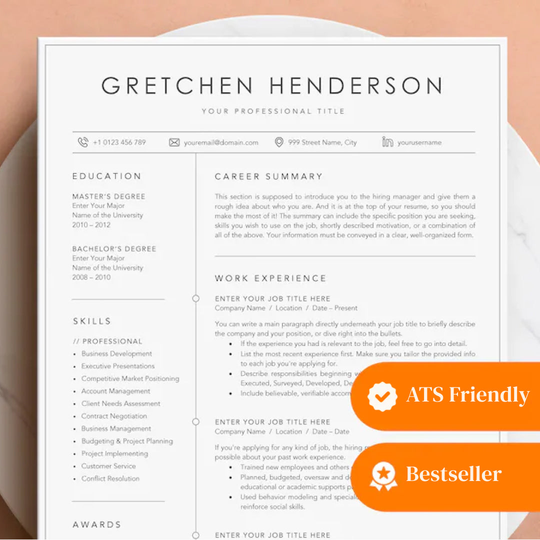 Professional Resume Template for MS Word, Mac Pages, Google Docs, Modern Resume/CV Template, Instant Download