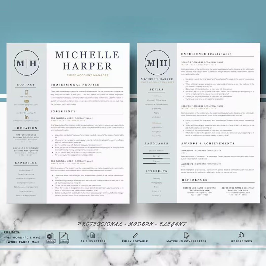 Professional Modern Resume Template and Cover Letter for Word and Pages, Resume Design, CV Template for Word, Professional CV, Instant Download Resume