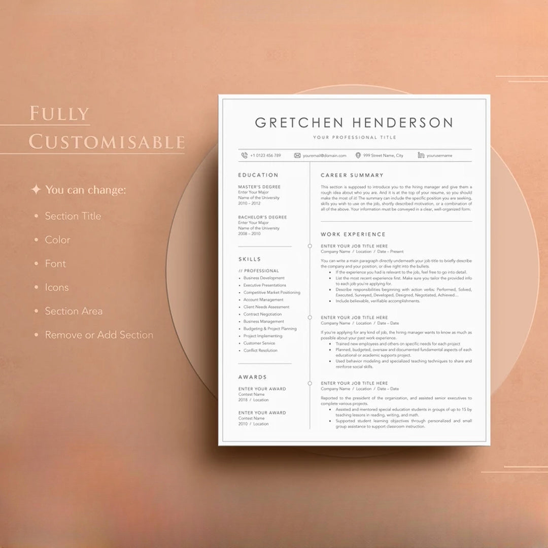 Professional Resume Template for MS Word, Mac Pages, Google Docs, Modern Resume/CV Template, Instant Download